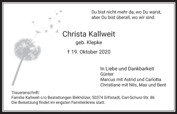 Anzeige von Christa Kallweit von  Werbepost 