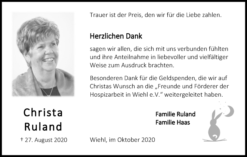  Traueranzeige für Christa Ruland vom 10.10.2020 aus Kölner Stadt-Anzeiger / Kölnische Rundschau / Express