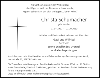 Anzeige von Christa Schumacher von Kölner Stadt-Anzeiger / Kölnische Rundschau / Express