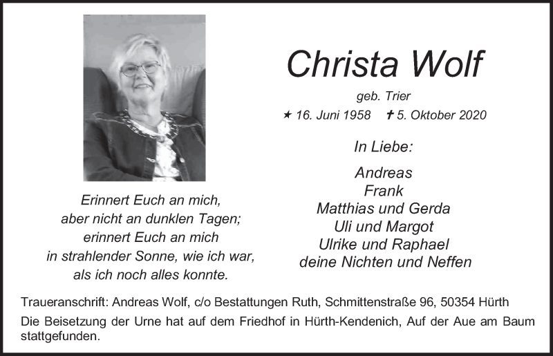  Traueranzeige für Christa Wolf vom 16.10.2020 aus  Wochenende 