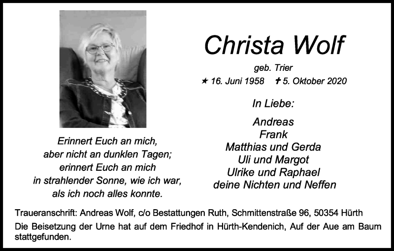  Traueranzeige für Christa Wolf vom 17.10.2020 aus Kölner Stadt-Anzeiger / Kölnische Rundschau / Express