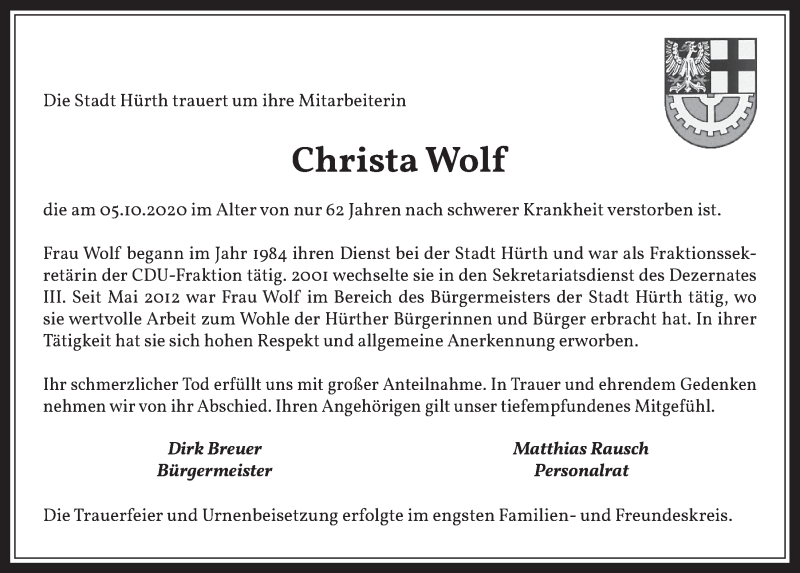  Traueranzeige für Christa Wolf vom 16.10.2020 aus  Wochenende 