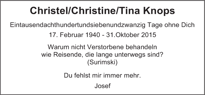  Traueranzeige für Christel/Christine/Tina Knops vom 30.10.2020 aus  Werbepost 