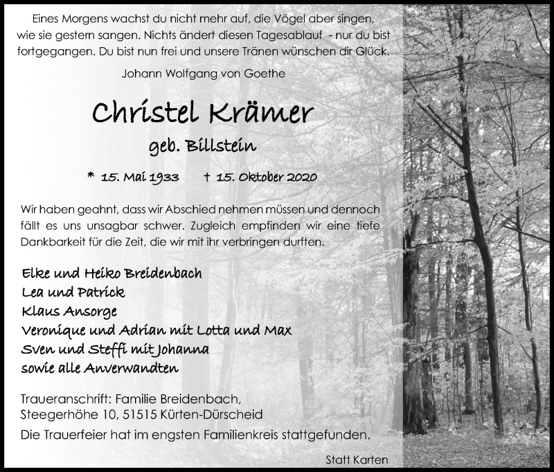  Traueranzeige für Christel Krämer vom 31.10.2020 aus Kölner Stadt-Anzeiger / Kölnische Rundschau / Express