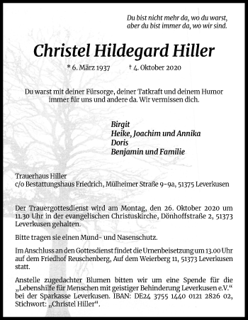 Anzeige von Christel Hildegard Hiller von Kölner Stadt-Anzeiger / Kölnische Rundschau / Express