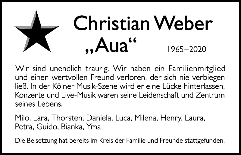  Traueranzeige für Christian Weber vom 31.10.2020 aus Kölner Stadt-Anzeiger / Kölnische Rundschau / Express