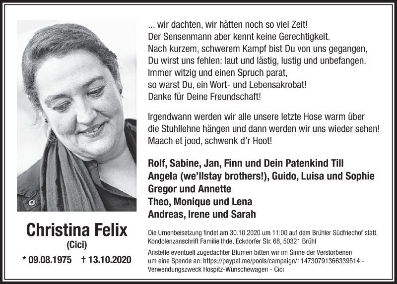  Traueranzeige für Christina Felix vom 23.10.2020 aus  Schlossbote/Werbekurier 