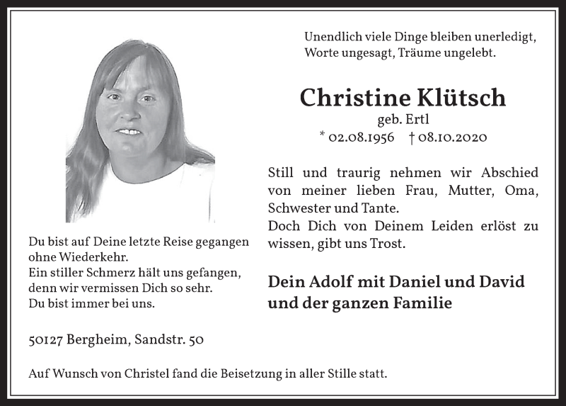  Traueranzeige für Christine Klütsch vom 23.10.2020 aus  Werbepost 