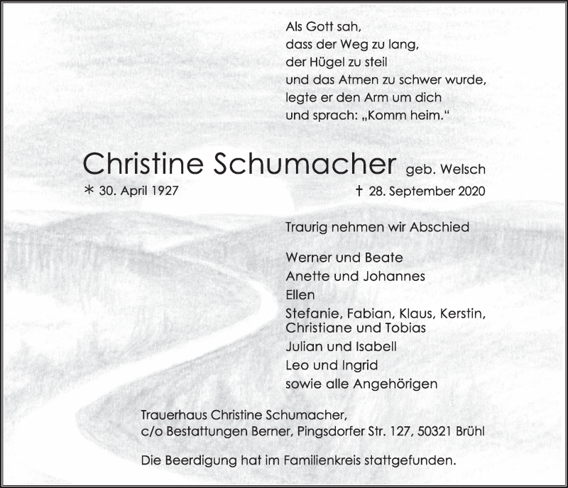  Traueranzeige für Christine Schumacher vom 09.10.2020 aus  Schlossbote/Werbekurier 