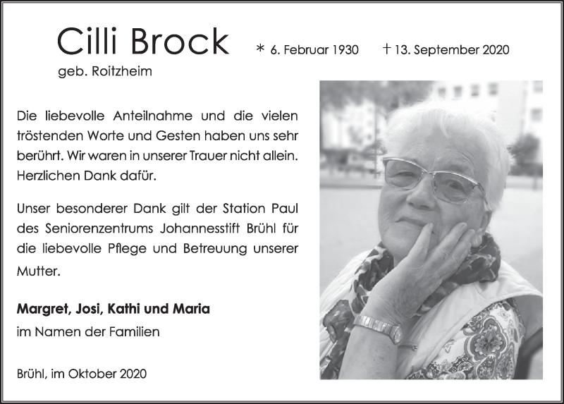  Traueranzeige für Cilli Brock vom 09.10.2020 aus  Schlossbote/Werbekurier 