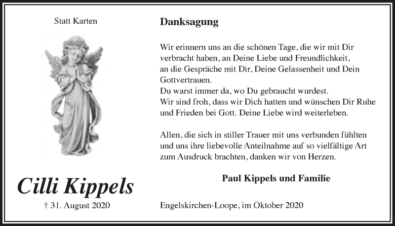  Traueranzeige für Cilli Kippels vom 30.10.2020 aus  Anzeigen Echo 