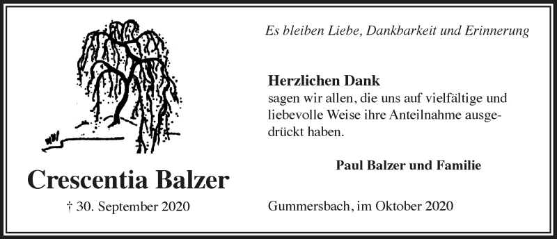  Traueranzeige für Crescentia Balzer vom 30.10.2020 aus  Anzeigen Echo 