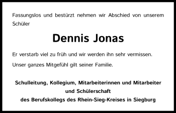 Anzeige von Dennis Jonas von Kölner Stadt-Anzeiger / Kölnische Rundschau / Express
