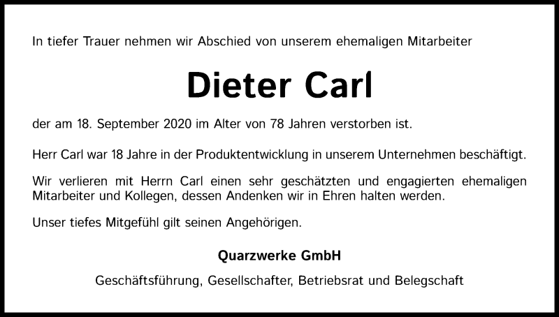  Traueranzeige für Dieter Carl vom 07.10.2020 aus Kölner Stadt-Anzeiger / Kölnische Rundschau / Express