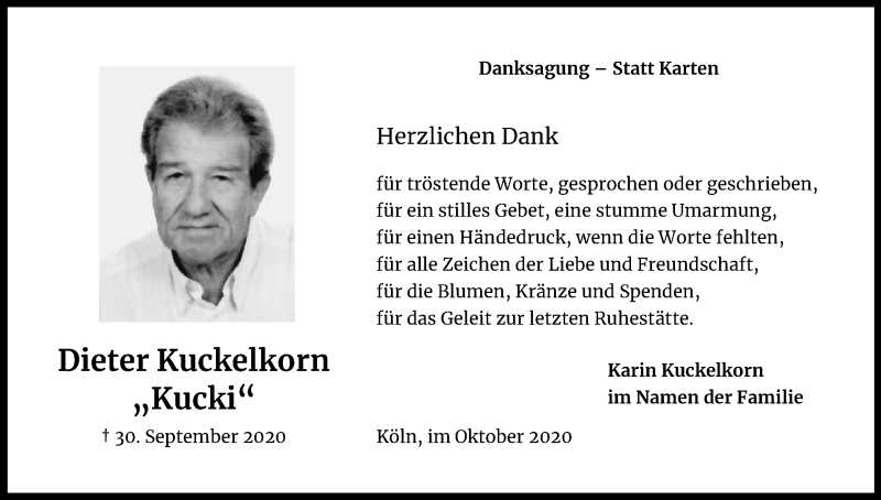  Traueranzeige für Dieter Kuckelkorn vom 17.10.2020 aus Kölner Stadt-Anzeiger / Kölnische Rundschau / Express