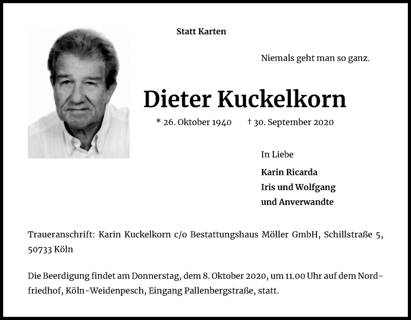  Traueranzeige für Dieter Kuckelkorn vom 03.10.2020 aus Kölner Stadt-Anzeiger / Kölnische Rundschau / Express