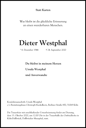 Anzeige von Dieter Westphal von Kölner Stadt-Anzeiger / Kölnische Rundschau / Express