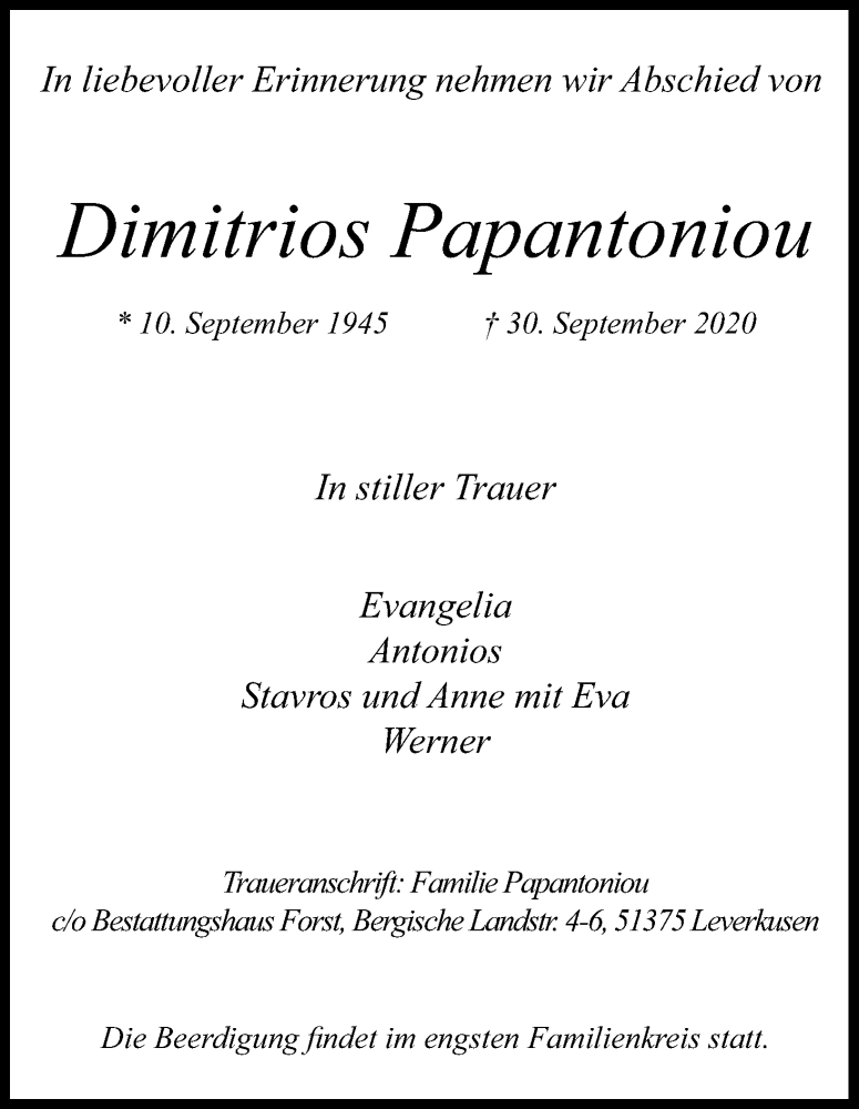  Traueranzeige für Dimitrios Papantoniou vom 05.10.2020 aus Kölner Stadt-Anzeiger / Kölnische Rundschau / Express
