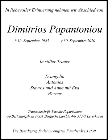 Anzeige von Dimitrios Papantoniou von Kölner Stadt-Anzeiger / Kölnische Rundschau / Express