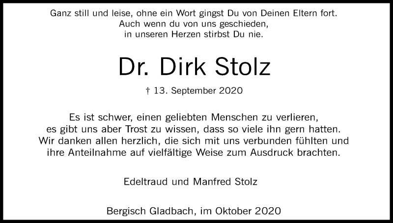  Traueranzeige für Dirk Stolz vom 10.10.2020 aus Kölner Stadt-Anzeiger / Kölnische Rundschau / Express