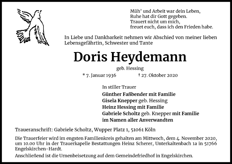  Traueranzeige für Doris Heydemann vom 31.10.2020 aus Kölner Stadt-Anzeiger / Kölnische Rundschau / Express