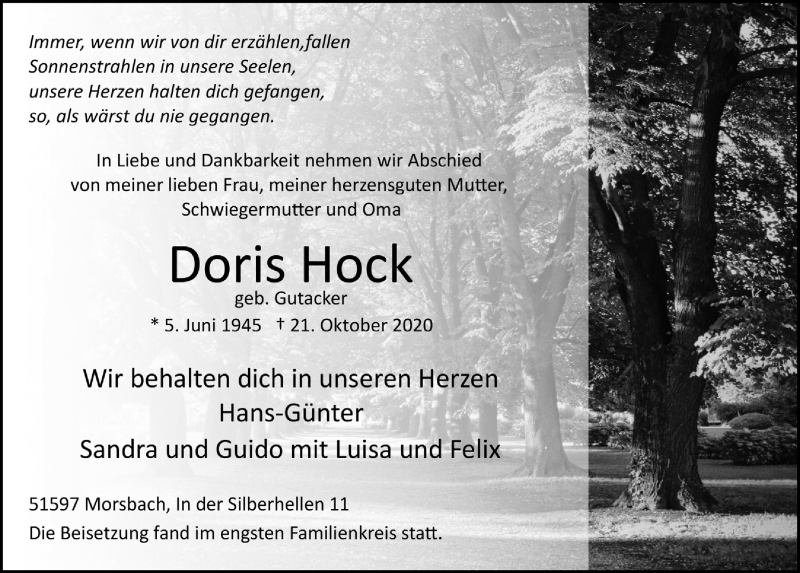  Traueranzeige für Doris Hock vom 30.10.2020 aus  Lokalanzeiger 