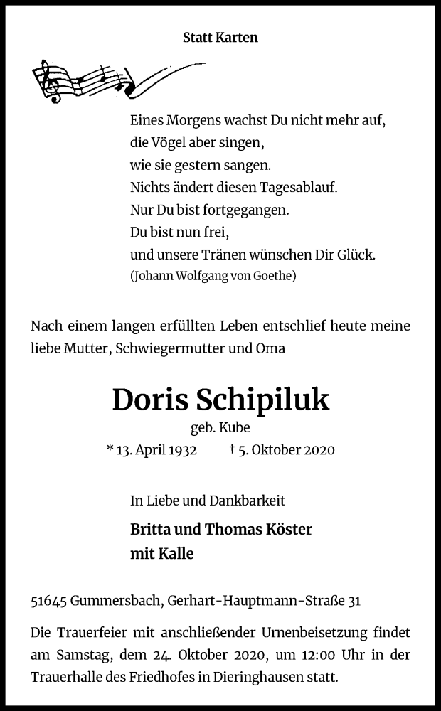  Traueranzeige für Doris Schipiluk vom 17.10.2020 aus Kölner Stadt-Anzeiger / Kölnische Rundschau / Express