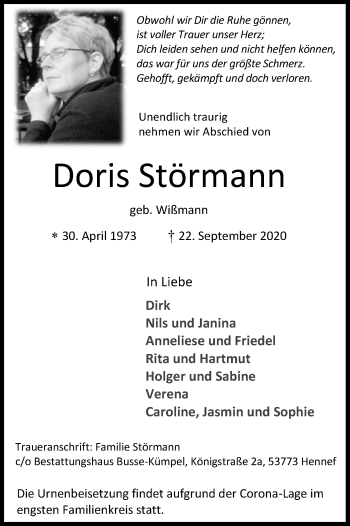 Anzeige von Doris Störmann von Kölner Stadt-Anzeiger / Kölnische Rundschau / Express
