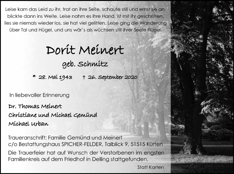  Traueranzeige für Dorit Meinert vom 03.10.2020 aus Kölner Stadt-Anzeiger / Kölnische Rundschau / Express