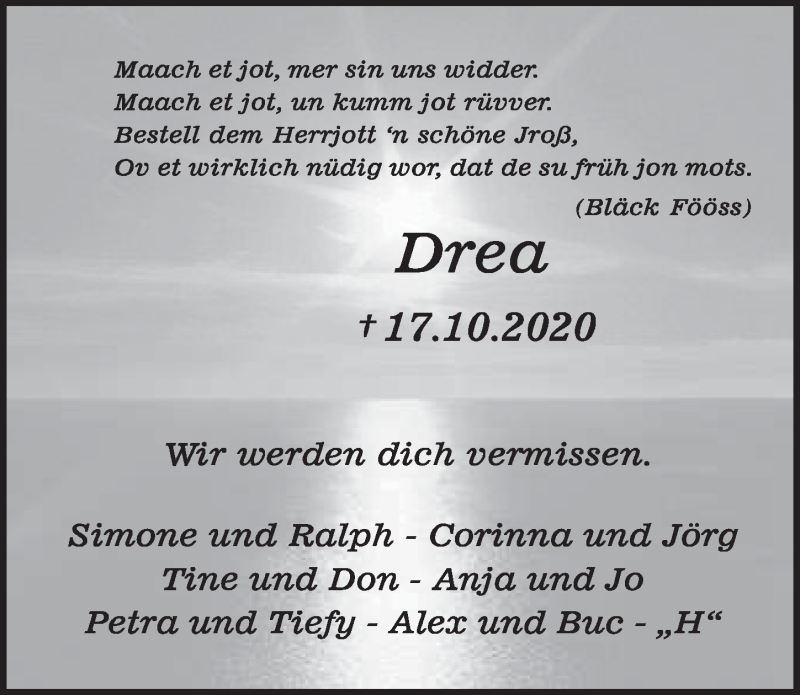  Traueranzeige für Drea  vom 23.10.2020 aus  Schlossbote/Werbekurier 