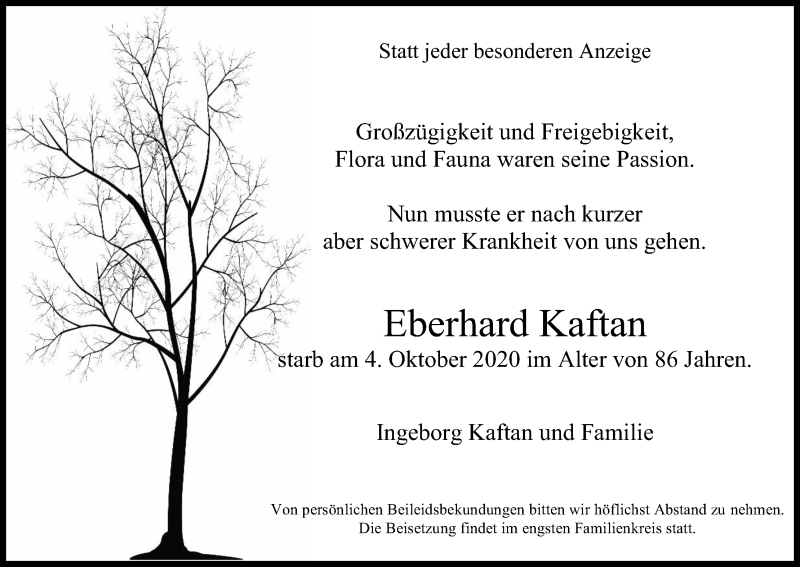  Traueranzeige für Eberhard Kaftan vom 24.10.2020 aus Kölner Stadt-Anzeiger / Kölnische Rundschau / Express