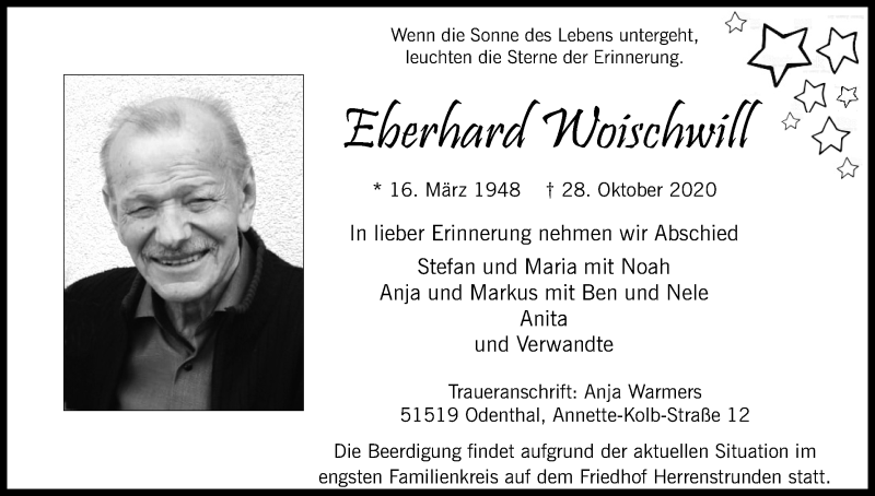  Traueranzeige für Eberhard Woischwill vom 31.10.2020 aus Kölner Stadt-Anzeiger / Kölnische Rundschau / Express