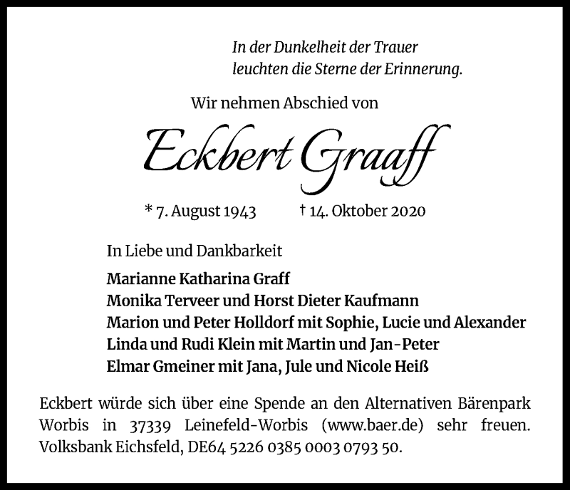  Traueranzeige für Eckbert Graaff vom 31.10.2020 aus Kölner Stadt-Anzeiger / Kölnische Rundschau / Express