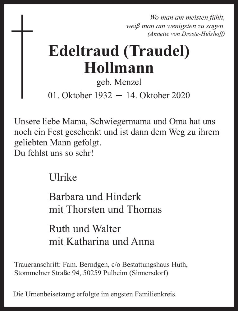  Traueranzeige für Edeltraud Hollmann vom 30.10.2020 aus  Wochenende 