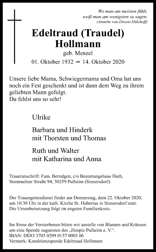  Traueranzeige für Edeltraud Hollmann vom 19.10.2020 aus Kölner Stadt-Anzeiger / Kölnische Rundschau / Express