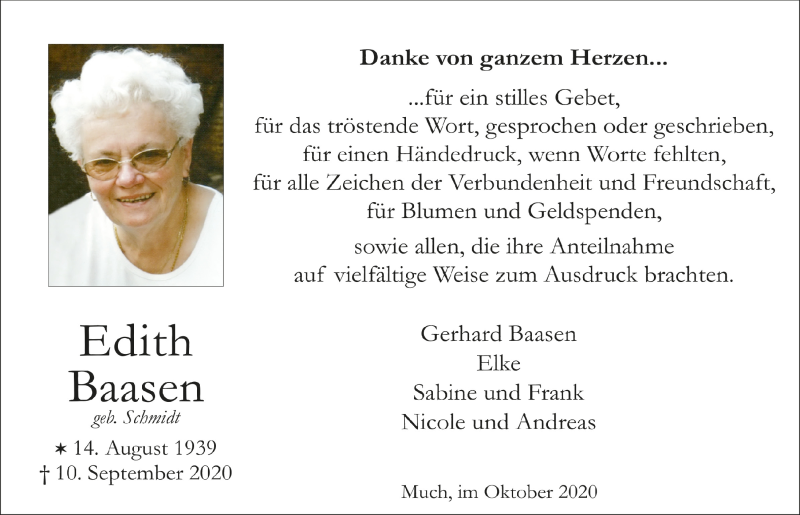  Traueranzeige für Edith Baasen vom 09.10.2020 aus  Extra Blatt 