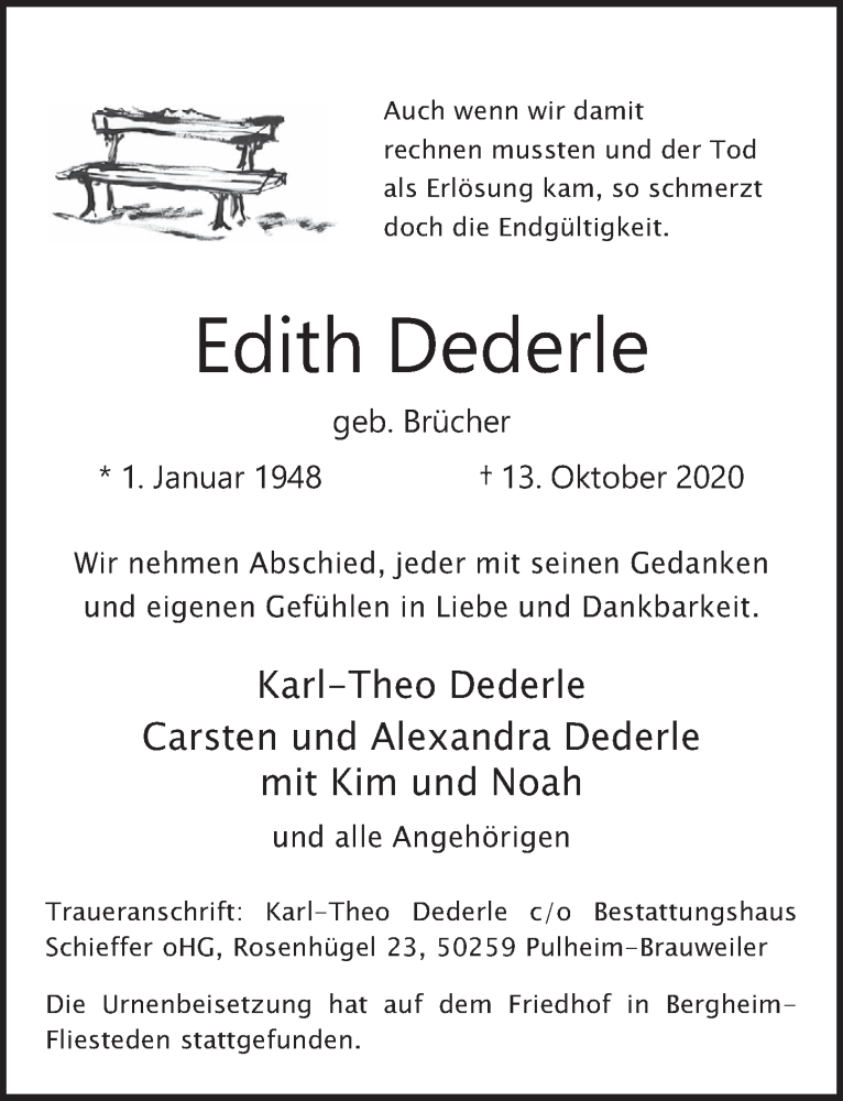  Traueranzeige für Edith Dederle vom 23.10.2020 aus  Werbepost 