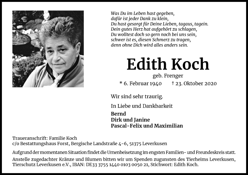  Traueranzeige für Edith Koch vom 31.10.2020 aus Kölner Stadt-Anzeiger / Kölnische Rundschau / Express