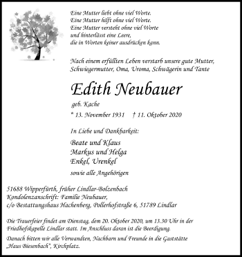 Anzeige von Edith Neubauer von Kölner Stadt-Anzeiger / Kölnische Rundschau / Express