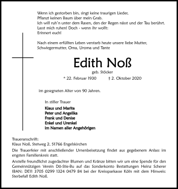 Anzeige von Edith Noß von Kölner Stadt-Anzeiger / Kölnische Rundschau / Express