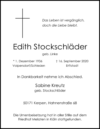 Anzeige von Edith Stockschläder von Kölner Stadt-Anzeiger / Kölnische Rundschau / Express