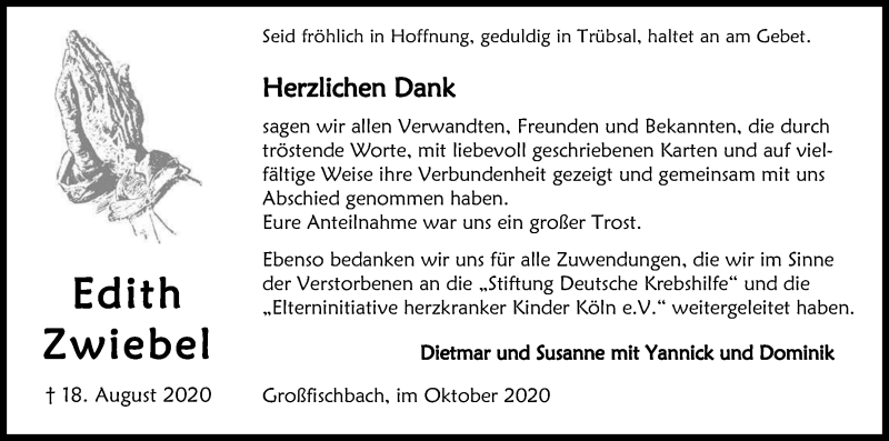 Traueranzeige für Edith Zwiebel vom 03.10.2020 aus Kölner Stadt-Anzeiger / Kölnische Rundschau / Express