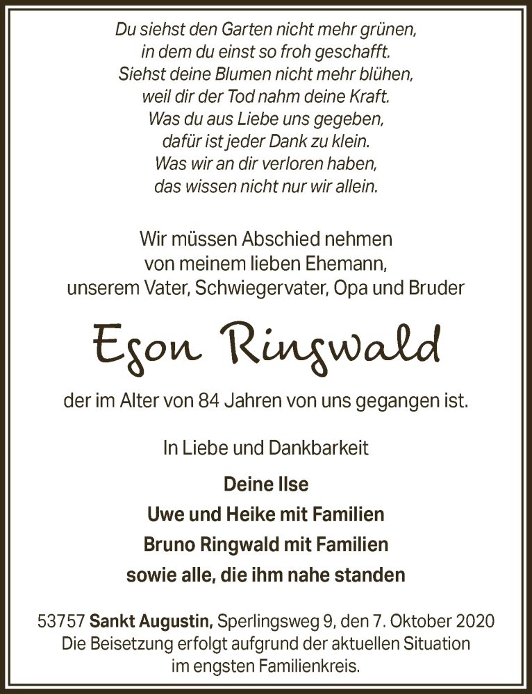  Traueranzeige für Egon Ringwald vom 16.10.2020 aus  Extra Blatt 