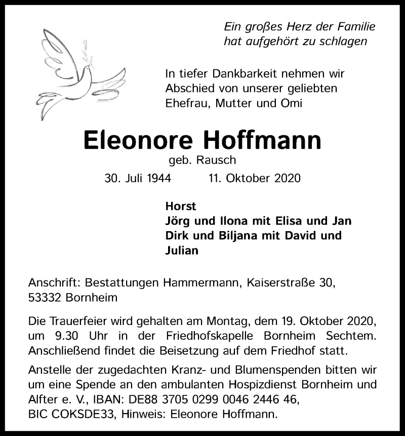  Traueranzeige für Eleonore Hoffmann vom 17.10.2020 aus Kölner Stadt-Anzeiger / Kölnische Rundschau / Express