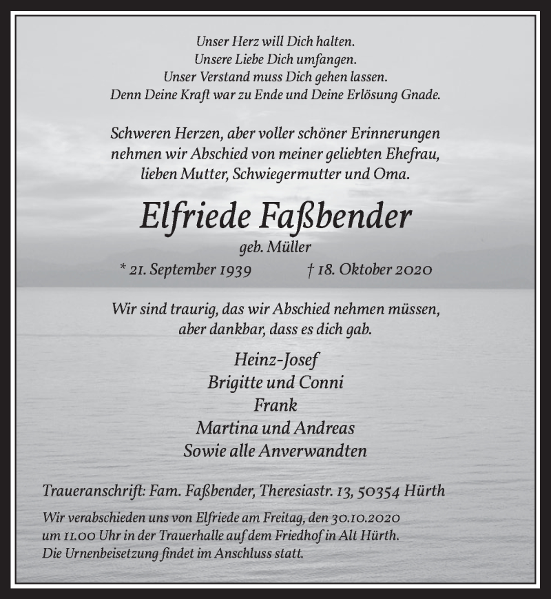  Traueranzeige für Elfriede Faßbender vom 23.10.2020 aus  Wochenende 