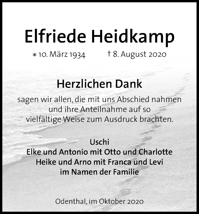  Traueranzeige für Elfriede Heidkamp vom 17.10.2020 aus Kölner Stadt-Anzeiger / Kölnische Rundschau / Express