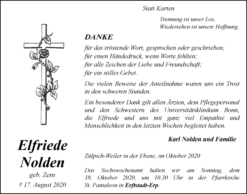  Traueranzeige für Elfriede Nolden vom 10.10.2020 aus  Werbepost 