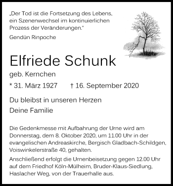 Anzeige von Elfriede Schunk von Kölner Stadt-Anzeiger / Kölnische Rundschau / Express