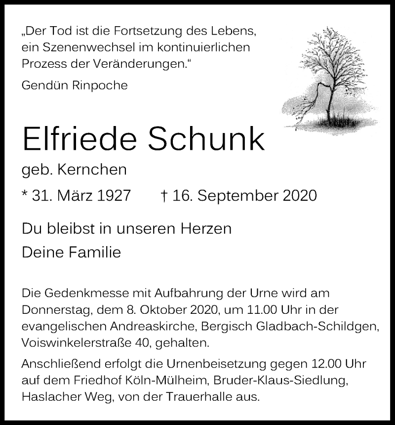  Traueranzeige für Elfriede Schunk vom 03.10.2020 aus Kölner Stadt-Anzeiger / Kölnische Rundschau / Express