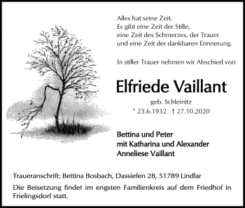 Anzeige von Elfriede Vaillant von Kölner Stadt-Anzeiger / Kölnische Rundschau / Express